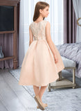 Armani A-Line Scoop Neck Asymmetrical Satin Lace Junior Bridesmaid Dress With Beading Pockets STIP0013455