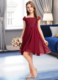 Bethany A-Line Off-the-Shoulder Knee-Length Chiffon Lace Junior Bridesmaid Dress With Bow(s) STIP0013456