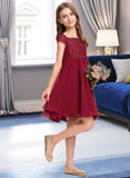 Bethany A-Line Off-the-Shoulder Knee-Length Chiffon Lace Junior Bridesmaid Dress With Bow(s) STIP0013456