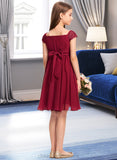 Bethany A-Line Off-the-Shoulder Knee-Length Chiffon Lace Junior Bridesmaid Dress With Bow(s) STIP0013456