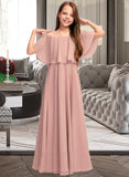 Novia A-Line Off-the-Shoulder Floor-Length Chiffon Junior Bridesmaid Dress With Ruffle STIP0013459