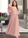 Novia A-Line Off-the-Shoulder Floor-Length Chiffon Junior Bridesmaid Dress With Ruffle STIP0013459