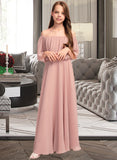 Novia A-Line Off-the-Shoulder Floor-Length Chiffon Junior Bridesmaid Dress With Ruffle STIP0013459