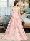 Faith Ball-Gown/Princess Off-the-Shoulder Sweep Train Satin Lace Junior Bridesmaid Dress STIP0013460