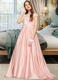 Faith Ball-Gown/Princess Off-the-Shoulder Sweep Train Satin Lace Junior Bridesmaid Dress STIP0013460