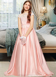 Faith Ball-Gown/Princess Off-the-Shoulder Sweep Train Satin Lace Junior Bridesmaid Dress STIP0013460