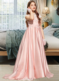 Faith Ball-Gown/Princess Off-the-Shoulder Sweep Train Satin Lace Junior Bridesmaid Dress STIP0013460