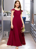 Marely A-Line V-neck Floor-Length Chiffon Junior Bridesmaid Dress With Ruffle STIP0013461