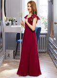 Marely A-Line V-neck Floor-Length Chiffon Junior Bridesmaid Dress With Ruffle STIP0013461