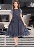 Ursula A-Line Scoop Neck Knee-Length Chiffon Lace Junior Bridesmaid Dress With Cascading Ruffles STIP0013462