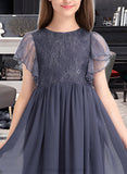 Ursula A-Line Scoop Neck Knee-Length Chiffon Lace Junior Bridesmaid Dress With Cascading Ruffles STIP0013462