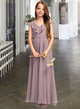 Tina A-Line V-neck Floor-Length Chiffon Junior Bridesmaid Dress With Cascading Ruffles STIP0013464