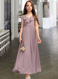 Tina A-Line V-neck Floor-Length Chiffon Junior Bridesmaid Dress With Cascading Ruffles STIP0013464