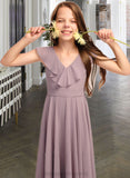 Tina A-Line V-neck Floor-Length Chiffon Junior Bridesmaid Dress With Cascading Ruffles STIP0013464