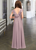 Tina A-Line V-neck Floor-Length Chiffon Junior Bridesmaid Dress With Cascading Ruffles STIP0013464