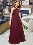 Brenna A-Line V-neck Floor-Length Chiffon Junior Bridesmaid Dress With Ruffle STIP0013468