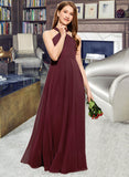 Brenna A-Line V-neck Floor-Length Chiffon Junior Bridesmaid Dress With Ruffle STIP0013468