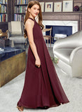 Brenna A-Line V-neck Floor-Length Chiffon Junior Bridesmaid Dress With Ruffle STIP0013468