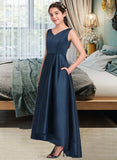 Diya A-Line V-neck Asymmetrical Satin Junior Bridesmaid Dress STIP0013471