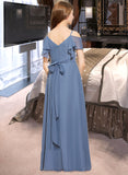 Alessandra A-Line Off-the-Shoulder Floor-Length Chiffon Junior Bridesmaid Dress With Ruffle Bow(s) STIP0013475