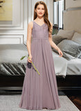 Patricia A-Line V-neck Floor-Length Chiffon Lace Junior Bridesmaid Dress STIP0013476