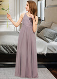 Patricia A-Line V-neck Floor-Length Chiffon Lace Junior Bridesmaid Dress STIP0013476