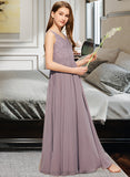 Patricia A-Line V-neck Floor-Length Chiffon Lace Junior Bridesmaid Dress STIP0013476