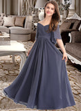 Serenity A-Line Off-the-Shoulder Floor-Length Chiffon Junior Bridesmaid Dress With Ruffle Bow(s) STIP0013479