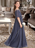 Serenity A-Line Off-the-Shoulder Floor-Length Chiffon Junior Bridesmaid Dress With Ruffle Bow(s) STIP0013479