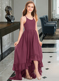 Kaitlynn A-Line Scoop Neck Asymmetrical Chiffon Junior Bridesmaid Dress With Bow(s) Cascading Ruffles STIP0013480