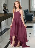 Kaitlynn A-Line Scoop Neck Asymmetrical Chiffon Junior Bridesmaid Dress With Bow(s) Cascading Ruffles STIP0013480