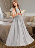 Evelin A-Line Scoop Neck Floor-Length Chiffon Junior Bridesmaid Dress With Ruffle Bow(s) STIP0013483