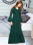 Nicole A-Line V-neck Floor-Length Chiffon Junior Bridesmaid Dress With Bow(s) Cascading Ruffles STIP0013484