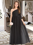 Kay A-Line One-Shoulder Floor-Length Chiffon Lace Junior Bridesmaid Dress STIP0013486