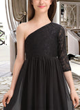 Kay A-Line One-Shoulder Floor-Length Chiffon Lace Junior Bridesmaid Dress STIP0013486