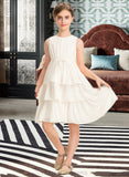 Viviana A-Line Scoop Neck Knee-Length Chiffon Junior Bridesmaid Dress With Bow(s) Cascading Ruffles STIP0013487