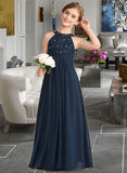 Sibyl A-Line Scoop Neck Floor-Length Chiffon Lace Junior Bridesmaid Dress With Ruffle Beading STIP0013488