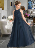 Sibyl A-Line Scoop Neck Floor-Length Chiffon Lace Junior Bridesmaid Dress With Ruffle Beading STIP0013488