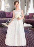 Liana A-Line Scoop Neck Floor-Length Lace Junior Bridesmaid Dress With Sash Bow(s) STIP0013490