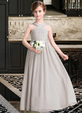 Araceli A-Line V-neck Floor-Length Chiffon Junior Bridesmaid Dress With Ruffle Bow(s) STIP0013491