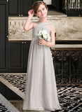 Araceli A-Line V-neck Floor-Length Chiffon Junior Bridesmaid Dress With Ruffle Bow(s) STIP0013491