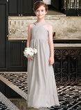 Araceli A-Line V-neck Floor-Length Chiffon Junior Bridesmaid Dress With Ruffle Bow(s) STIP0013491