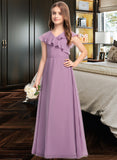 Jaden A-Line V-neck Floor-Length Chiffon Junior Bridesmaid Dress With Bow(s) Cascading Ruffles STIP0013494