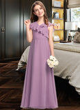 Jaden A-Line V-neck Floor-Length Chiffon Junior Bridesmaid Dress With Bow(s) Cascading Ruffles STIP0013494