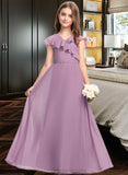 Jaden A-Line V-neck Floor-Length Chiffon Junior Bridesmaid Dress With Bow(s) Cascading Ruffles STIP0013494