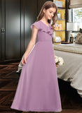 Jaden A-Line V-neck Floor-Length Chiffon Junior Bridesmaid Dress With Bow(s) Cascading Ruffles STIP0013494