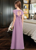 Jaden A-Line V-neck Floor-Length Chiffon Junior Bridesmaid Dress With Bow(s) Cascading Ruffles STIP0013494