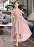 Lilliana A-Line V-neck Asymmetrical Chiffon Junior Bridesmaid Dress With Bow(s) Cascading Ruffles STIP0013496