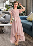 Lilliana A-Line V-neck Asymmetrical Chiffon Junior Bridesmaid Dress With Bow(s) Cascading Ruffles STIP0013496