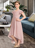 Lilliana A-Line V-neck Asymmetrical Chiffon Junior Bridesmaid Dress With Bow(s) Cascading Ruffles STIP0013496